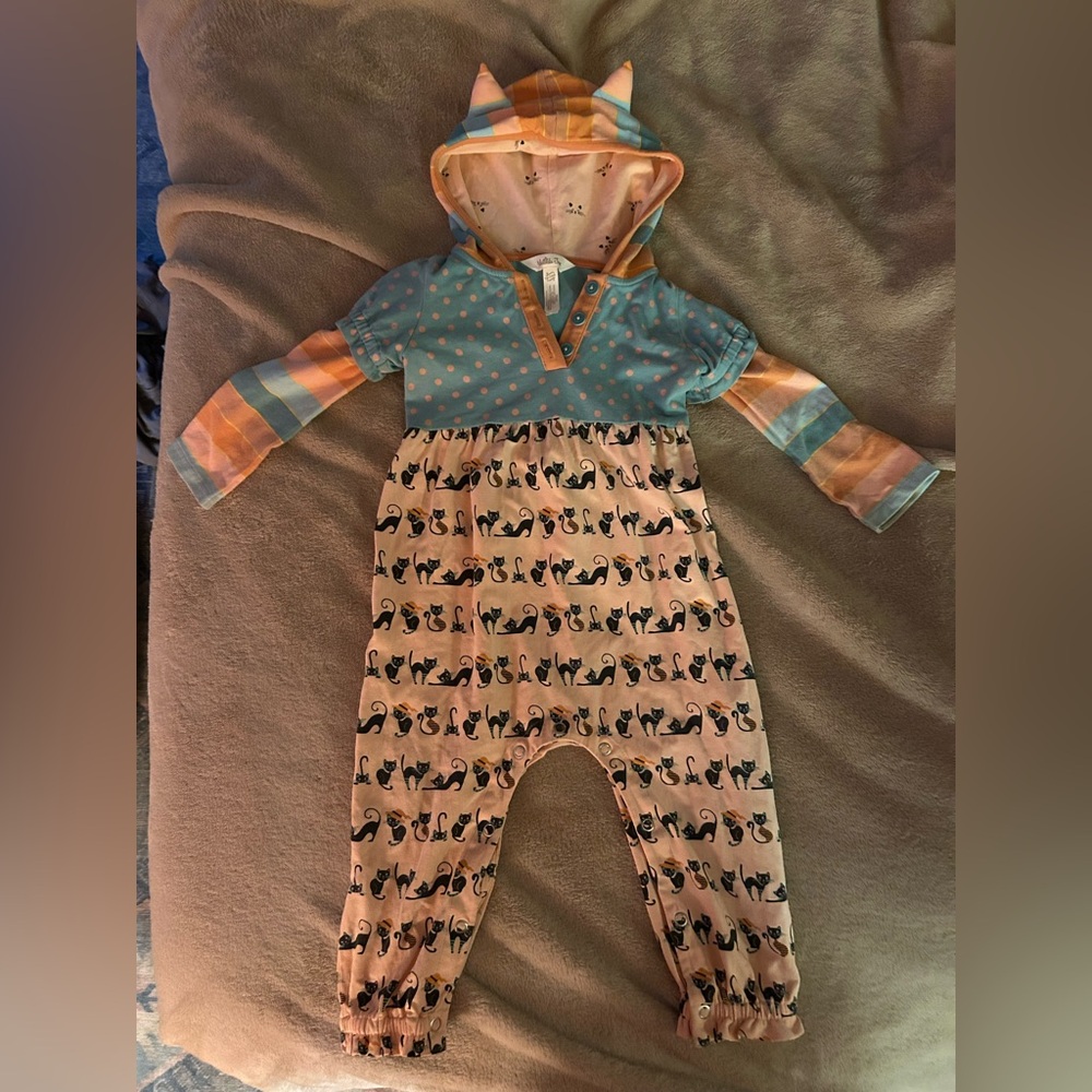 Kids One Piece with Cat Print, Striped Sleeves, and Cat Ears on Hood.